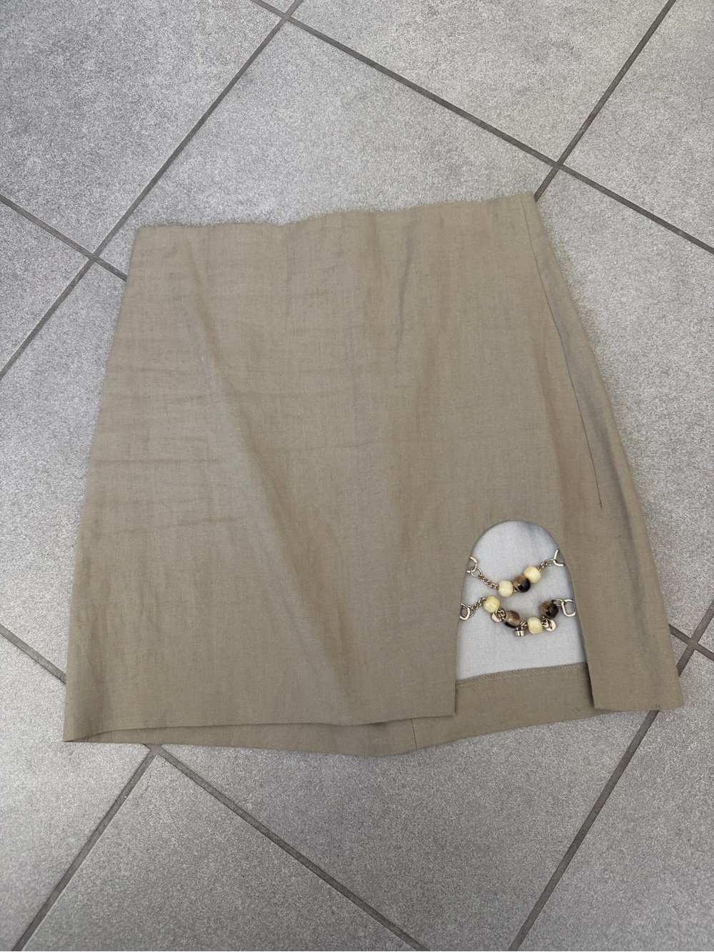 Zara Beige linen Mini Skirt with cut out and Decorative Chain Bead Detail s